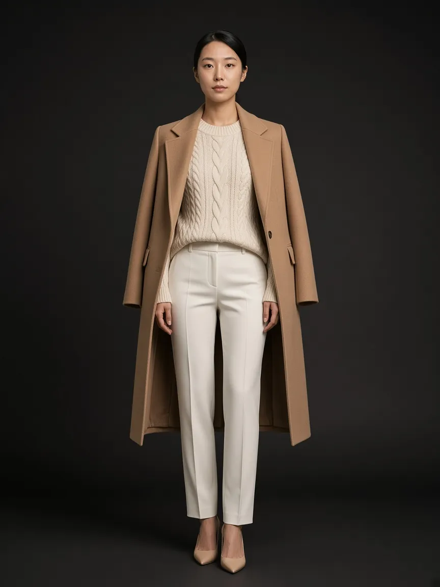 AI fashion model in a camel coat, studio — one look from a collection drop