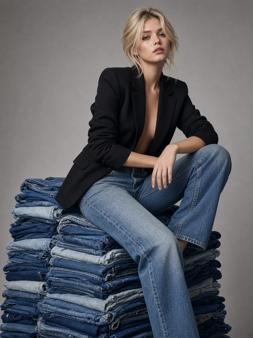 Denim look on a reusable AI fashion model — on-model photo produced from catalog imagery, no photoshoot
