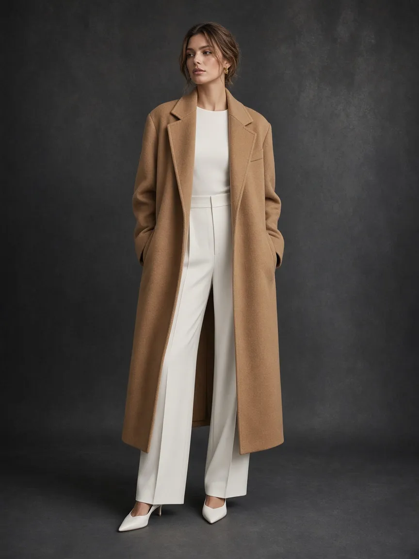 AI fashion model in a camel coat, editorial — a second look from the same collection